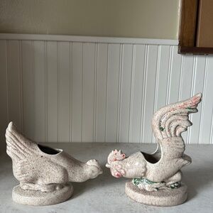 1950's Ceramic Rooster & Hen Planter Set Of 2 Brown Beige VTG Chicken Decor MCM